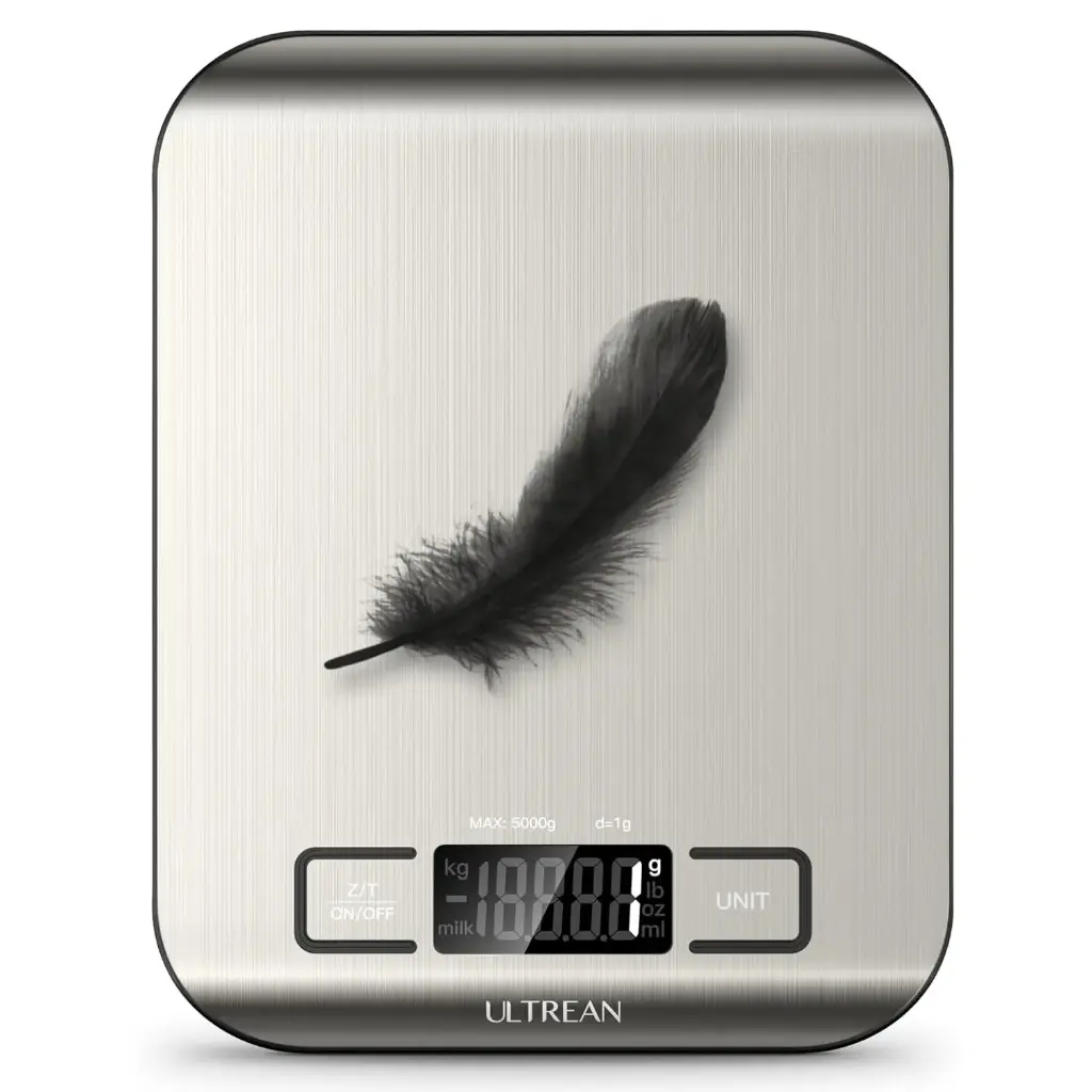 Ultrean Digital Food Scale, High Precision Kitchen Scale, Measures in Grams and Ounces for Cooking and Baking, 5 Units with Tare Function, Stainless Surface (Batteries Included)