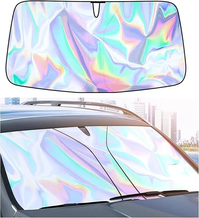 MOMENT Sunshade Car Front Windshield Titanium Silver Sun Shade Iridescent Car Sunshade Foldable Sun Shield Cover Block UV Rays, Reflector Shield Suitable for Most Cars SUVs Large 134x80cm